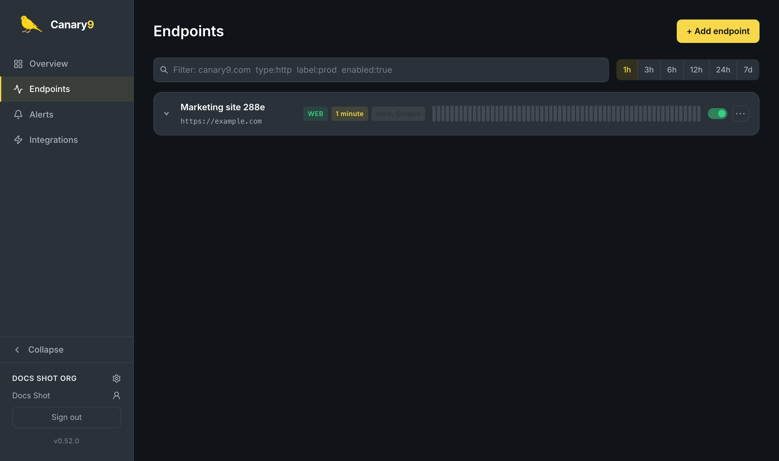 An endpoint row showing a location badge reading 'Ohio, Oregon' alongside its check type and interval.