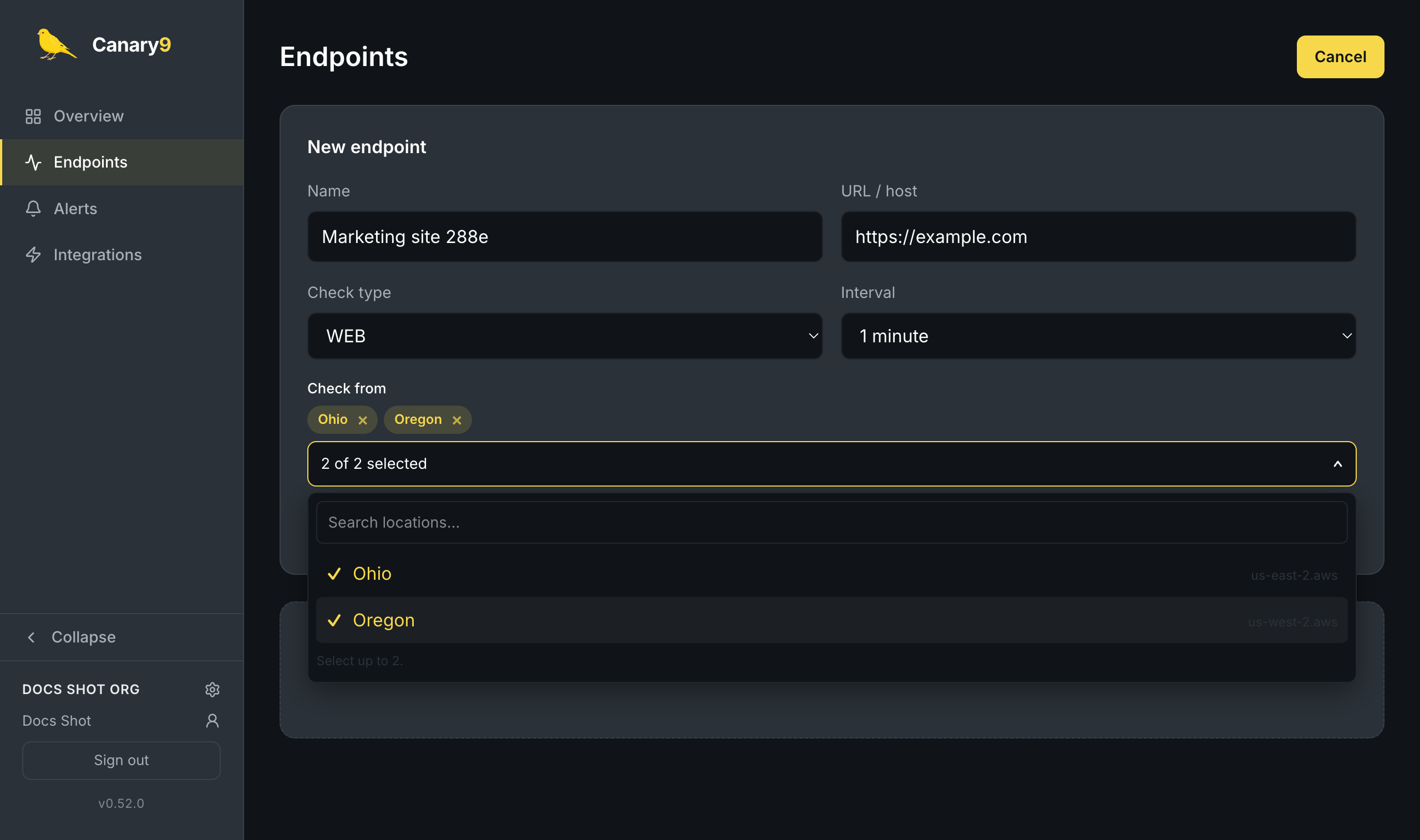 The 'Check from' location picker on the new-endpoint form, with Ohio and Oregon selected and the searchable dropdown open.